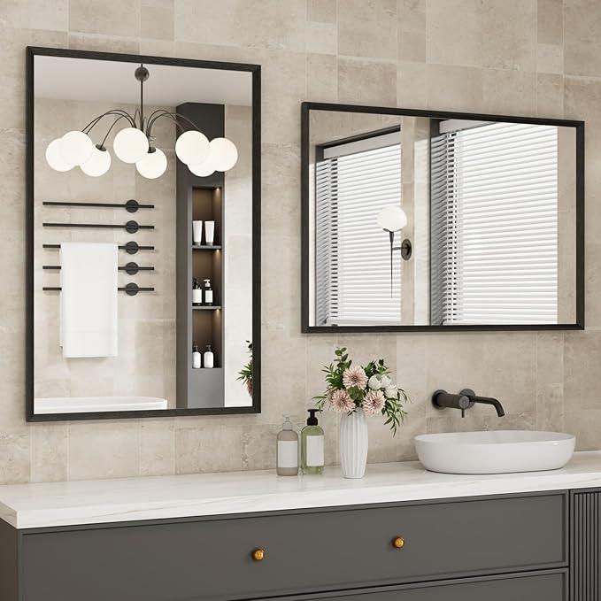 JISOSO Bathroom Vanity Mirror 24x32 Inch, Matte Black Rectangle Bathroom Mirror, Anti-Rust, 4MM Tempered Glass, Wall-Mounted Mirror, Hangs Horizontally or Vertically for Bathroom & Bedroom - ModernBath
