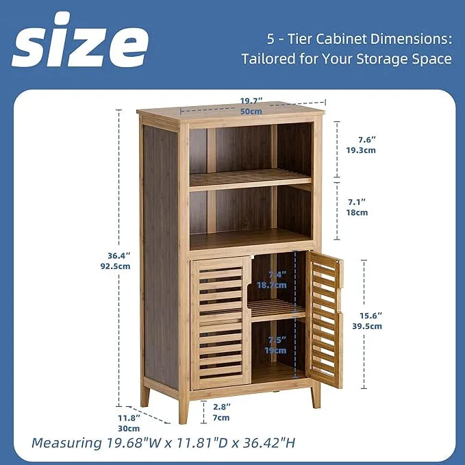 HITNET Walnut Bathroom Floor Cabinet, Bamboo Side Tall Storage Organizer, Freestanding Kitchen Cupboard with Door and Removable Shelf - ModernBath