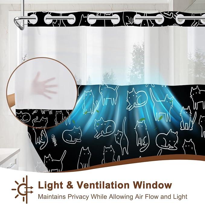 Cute Shower Curtain with Snap in Liner, No Hook Cat Shower Curtain with Top Sheer Window and Weighted Hem, Black and White Funny Shower Curtains for Bathroom, Gift for Cat Lovers, 71x74 Inches - ModernBath
