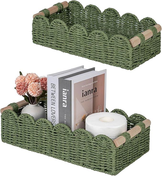 CubesLand Decorative Toilet Paper Storage Basket, Modern Farmhouse Home Decor Basket for Organizing, Scalloped Pantry Baskets for Shelves, Countertop, Living Room, w/Wood Handles, Green 2 Sizes - ModernBath
