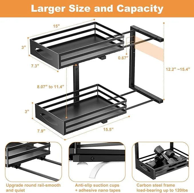 Under Sink Organizer, 2 Tier Under Sink Organizers and Storage, Adjustable Height, Slide out Metal Cabinet Organizers, Pull out Cabinet Storage Drawer Shelf for Kitchen Bathroom - ModernBath