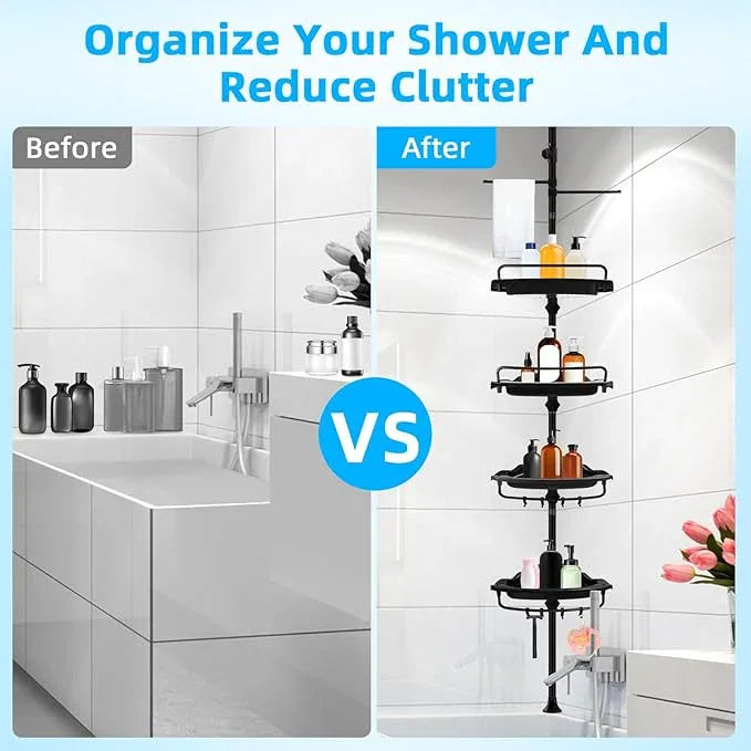 32-122inch Corner Shower Caddy Tension Pole Black, Rustproof Drill-Free Shower Shelves for Bathroom Bathtub Washbasin, Adjustable Shower Organizer with 4 Tier Patent Stable Shelves & Towel Bars - ModernBath