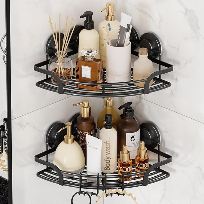 TAILI Powerful Suction Cup Corner Shower Caddy 2 Pack, Stainless Steel Rustproof Shower Shelf with Hook, Drill-free Wall Mounted Basket, Large Capacity Removable Suction Cup Bathroom Organizer, Black - ModernBath