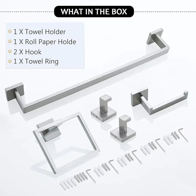 TNOMS Bathroom Towel Bar Set 5 Pieces Brushed Nickel Square Modern Bathroom Hardware Set,Stainless Steel Wall Mounted 23.6-Inch - ModernBath