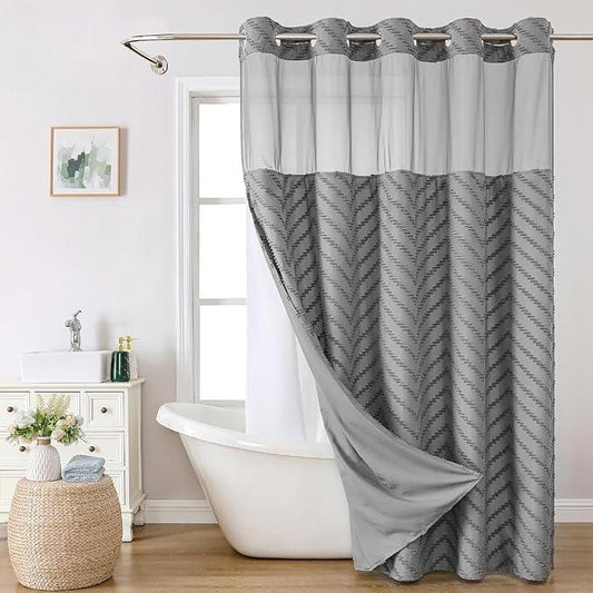 eachope Long No Hook Tufted Chevron Striped Shower Curtain with Snap-in Fabric Liner set-71Wx80H(78H),Grey Hotel Grade Boho Style Shower Curtain with See Through Top Window,Water Repellent - ModernBath