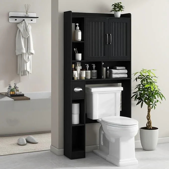 Vabches Over The Toilet Storage Cabinet, Farmhouse Storage Cabinet Over Toilet with Barn Door, Home Space-Saving Toilet Rack, for Bathroom, Restroom, Laundry（Black）. - ModernBath