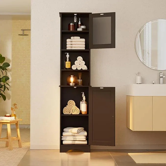 Gizoon Tall Bathroom Storage Tower, Freestanding Linen Cabinet with Two-Way Doors, Adjustable Shelves, Anti-Tip Floor Cabinet, for Home, Kitchen, Living Room, Dark Brown - ModernBath