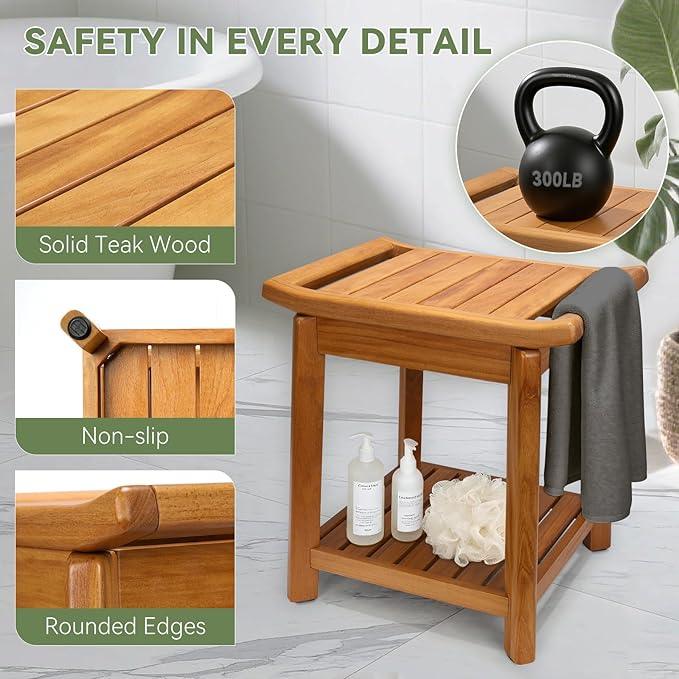 17" Teak Shower Chair with Storage Shelf & Handle, Non-Slip Waterproof Wooden Shower Bench, Stable Bathroom Seat and Heavy Duty Shower Stool for Tub or Indoor Use, Ideal for Elderly, Recovery - ModernBath