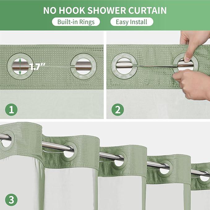 eachope Stall No Hook Shower Curtain with Snap-in Fabric Liner Set,Waffle Weave Shower Curtains for Bathroom,Hotel Luxury Decor Bathroom Curtain Set,Waterproof & Washable,Sage Green,54Wx80H - ModernBath