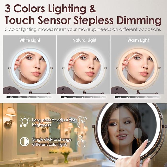Rocollos Rechargeable Wall Mounted Lighted Makeup Mirror, 8 Inch Double-Sided LED Vanity Mirror 1X/10X Magnification,3 Color Lights Touch Screen Dimmable 360°Swivel 13 Inch Extendable - ModernBath
