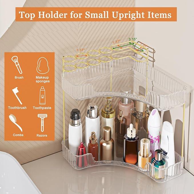 Webetop Corner Makeup Organizer for Vanity, 2 Tier Bathroom Cosmetics Organizer Countertop with Make up Brush Holder Corner Counter Storage Skincare Organizer for Bathroom Dresser Toiletry(Clear) - ModernBath