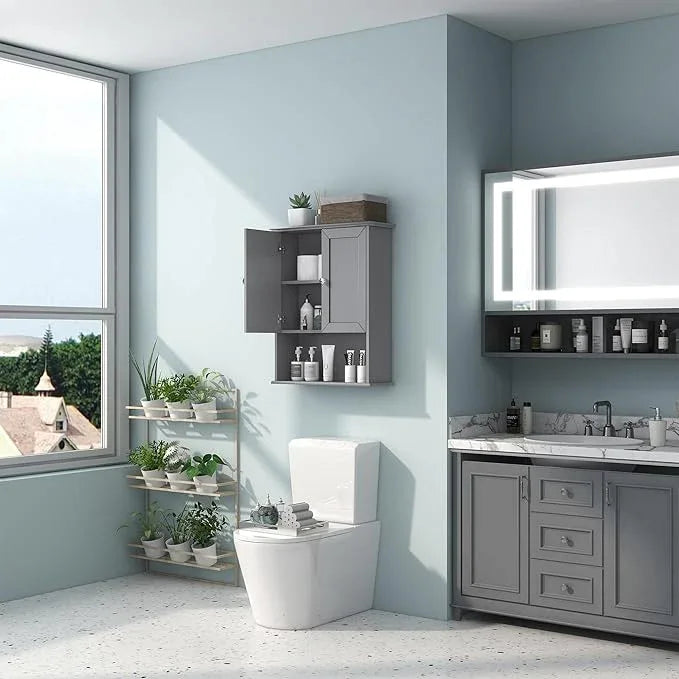 Grey Wall Mounted Bathroom Cabinet 24x30 Inch Wooden Over Toilet Storage Cabinet with 2 Doors, Above Toilet Medicine Cabinets for Bathroom Laundry Room Bedroom Kitchen - ModernBath