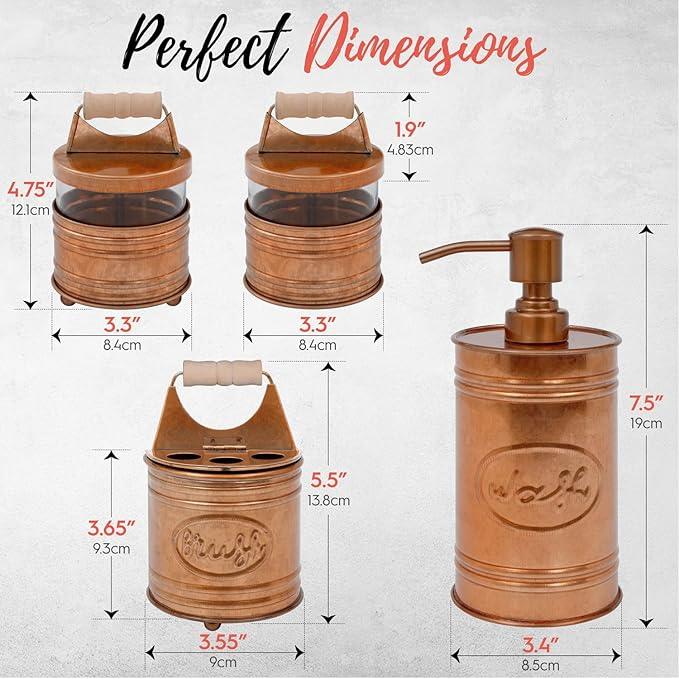 Autumn Alley Rustic Bathroom Accessories Set 4 - Copper Farmhouse Soap Dispenser, Toothbrush Holder, 2 Apothecary Jars Qtip Holder - Rustic Bathroom Decor – Farmhouse Bathroom Accessories - ModernBath