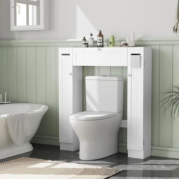 Over The Toilet Storage Cabinet, Bathroom Space Saver with Paper Holder and Adjustable Shelves, Freestanding Toilet Cabinet Organizer with 2 Side Doors and Pull-Down Door, White - ModernBath
