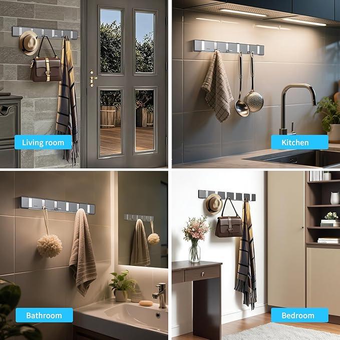 Wall Mount Folding Coat Hooks, Stainless Steel Hook Rack with 6 Foldable Space Saving Hooks Hanger for Entryway Bathroom Living room Bedroom - ModernBath