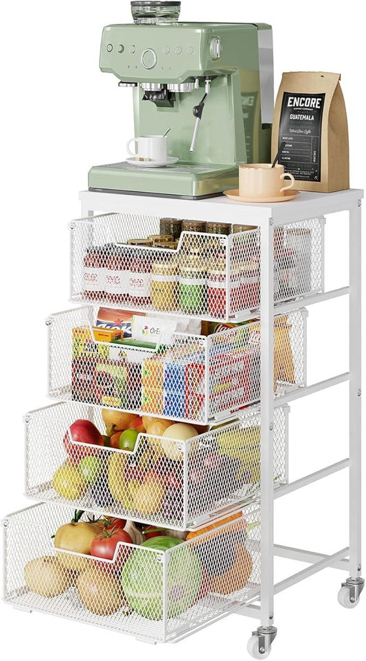 4-Tier Kitchen Storage Cart - Fruit Vegetable Storage Cart with Drawers, Wooden Top Metal Wire Kitchen Organizer and Storage Cart with Wheels to Storage Onions Potatoes Cans Snacks for Kitchen - ModernBath