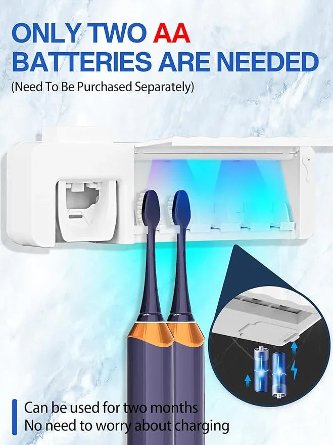 Toothbrush Holders for Bathrooms White Tooth Brush Holder with Toothpaste Dispenser Toothbrush Holder Wall Mounted 5 Toothbrush Slots Storage, Timing, AA Batteries Required - ModernBath