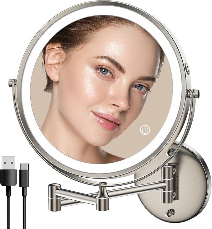 Rocollos 9" Wall Mounted Lighted Makeup Mirror, Large Double Sided 1X/10X Magnifying Mirror, 3 Color LED Vanity Mirror, Touch Dimmable 360° Swivel Light Up for Bathroom - ModernBath