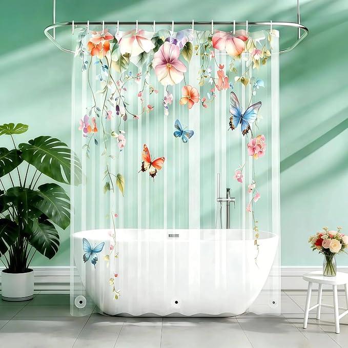 CAPQL Clear Colorful Floral Butterfly Shower Curtain Liner, Plastic Pretty Nature Plant Shower Curtains for Bathroom, 72x72 Weighted Magnetic Shower Curtain Set with 12 Hooks - ModernBath