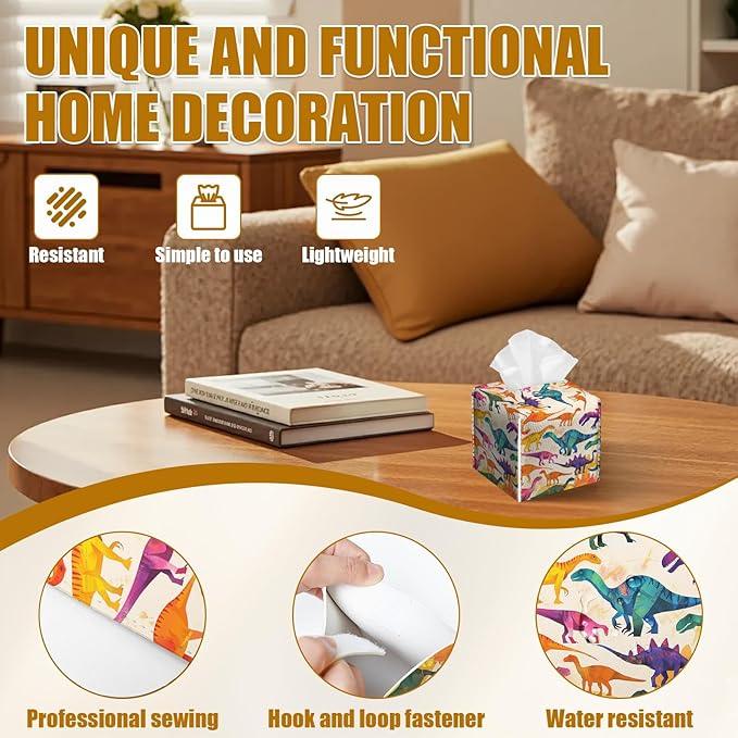 Cute Dinosaur Tissue Box Cover 2PCS, Leather Tissue Box Holder Square Facial Paper Case Tissue Box Cube Organizer for Bathroom Bedroom Desk Office - ModernBath