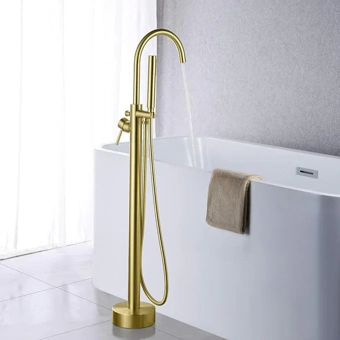 Freestanding Bathtub Faucet Tub Filler Brushed Gold Single Handle Floor Mounted Brass Faucets with Hand Shower - ModernBath