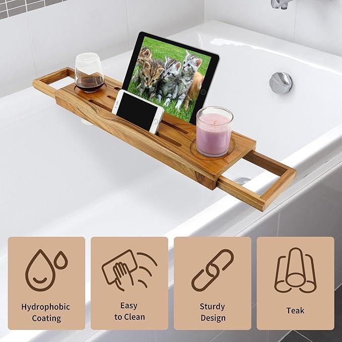 EcoFives Teak Bathtub Tray Caddy - Expandable Bath Tray - Adjustable Organizer Tray for Bathroom - Luxury Bath Caddy Tub Table, Bathtub Accessories & Bathroom Gadgets - ModernBath