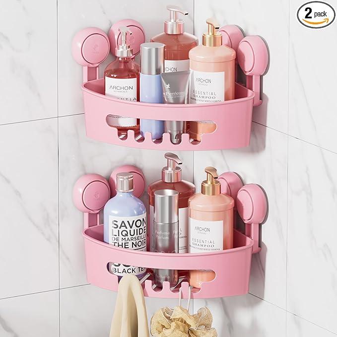 LEVERLOC Corner Shower Caddy Suction Cup, shower shelves suction cup, 2 Pack Basket Powerful Bathroom, Waterproof & Oil-proof Organizer for Kitchen, No-Drilling Removable (Pink) - ModernBath