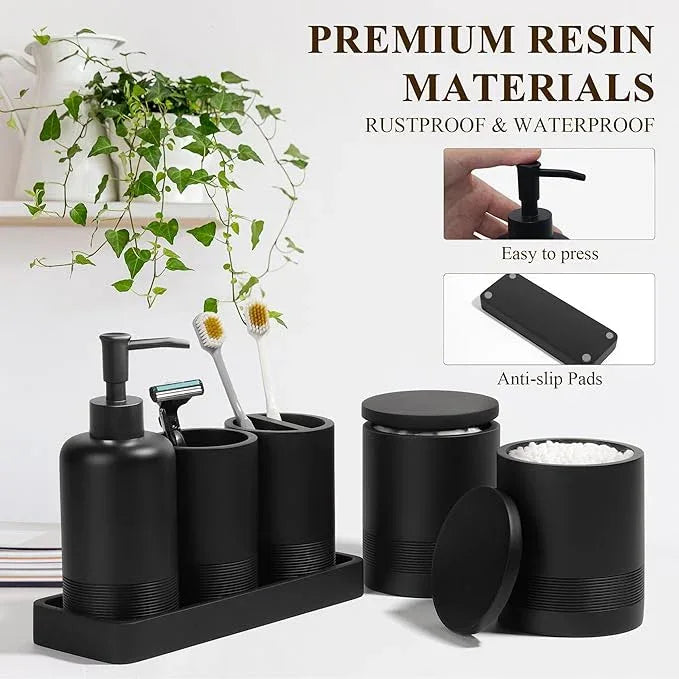 Bathroom Accessories Set, 6-Piece Bathroom Accessory Set, Toothbrush Holders Set, Soap Dispenser, Vanity Tray, Tumbler, Cotton Swab Jars, Bathroom Organizer for Modern Bathrooms(Matte Black) - ModernBath