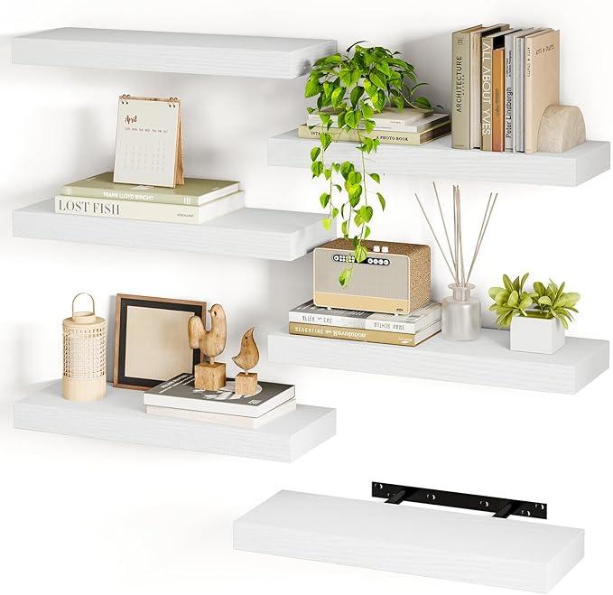 Fixwal 15.8in White Floating Shelves, Set of 6 Wood Shelves, Farmhouse Shelf Wall Decor for Bathroom, Bedroom, Living and Kitchen Room - ModernBath