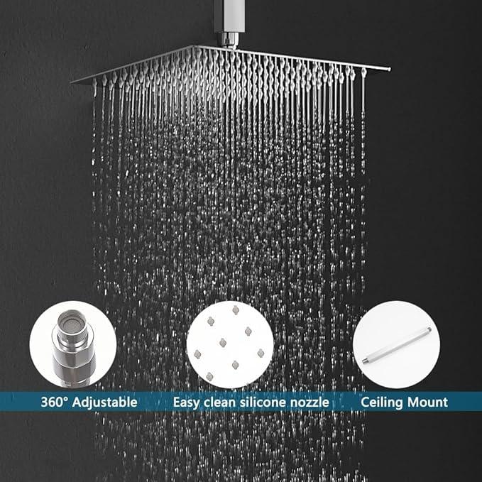 JingGang 10 Inch Ceiling Mounted Shower System Rain Mixer Shower Combo Set Rainfall Shower Head System ‎Polished Chrome Shower Faucet Rough-in Valve Body and Trim Kit Included - ModernBath