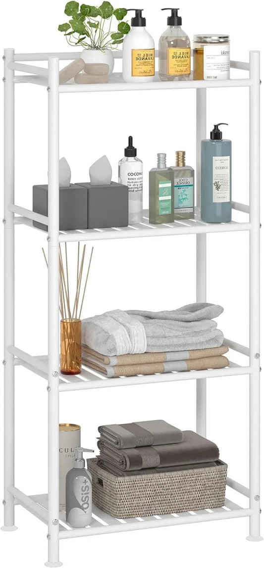 4 Tier Bathroom Storage Open Shelf Unit, Free-Standing Metal Corner Rack Shelving for Kitchen, Living Room, Hallway (White, Wider 4 Tier) - ModernBath