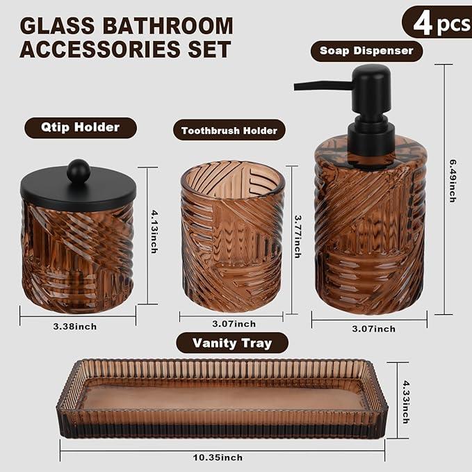 Bathroom Accessories Set,4 Pcs Amber Glass Bathroom Accessories Sets Complete with Lotion Soap Dispenser,Toothbrush Holder,Qtip Holder Dispenser and Vanity Tray,Bathroom Countertop Vanity Organizer - ModernBath