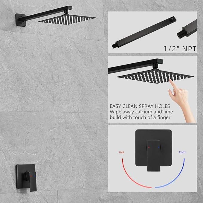 Heable Matte Black Shower Faucet Set, Single Function Shower Trim Kit with Rough-in Valve, Square Rain Shower Head System Included Extra Long Shower Arm for Bathroom - ModernBath