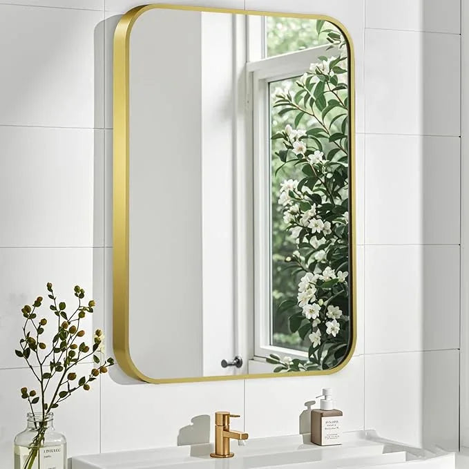CLBA Matte Gold Mirror, 20x30 Inch Brushed Gold Mirror, Aluminum Alloy Framed Vanity Mirror, Rounded Rectangle Bathroom Mirror for Over Sink, Anti-Rust Wall Mirror (Horizontally or Vertically) - ModernBath