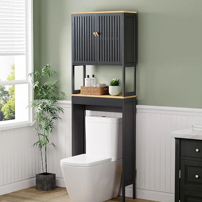 Over The Toilet Storage Cabinet with Breathable Bamboo Doors, 3-Tier Bathroom Organizer Above Toilet, Freestanding Space Saver Rack with Adjustable Bottom Bar & Shelf, 24" x 70", Black & Natural - ModernBath