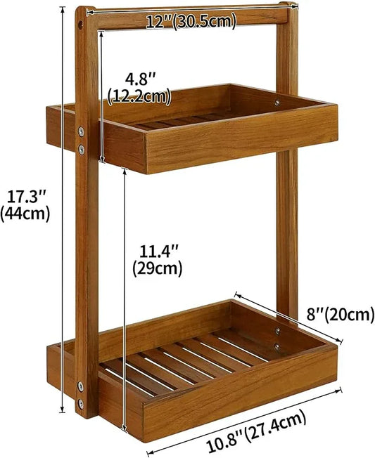 Utoplike Teak Wood Shower Caddy Corner, 2 Tier Bathroom Organizer Countertop, Standing Shower Rack with Handle, Stand Up Shower Basket for Shampoo, Shelf Rack for Inside Shower, Kitchen Desktop - ModernBath