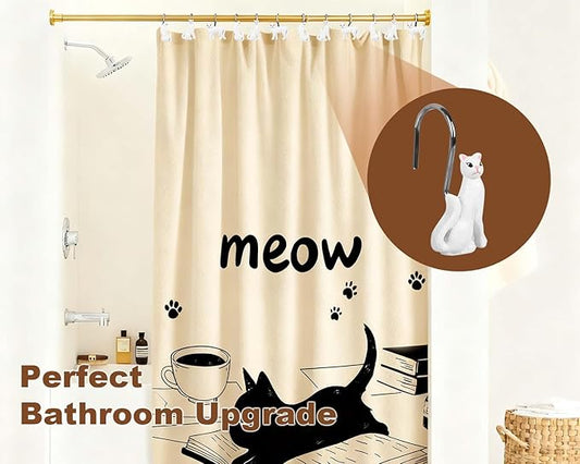 Ruvenis White Cat Shower Curtain Hooks Set of 12, Hand-Painted Resin Cat Shower Hooks with Rust-Resistant Stainless Steel Rings, Elegant Cat Bathroom Decor