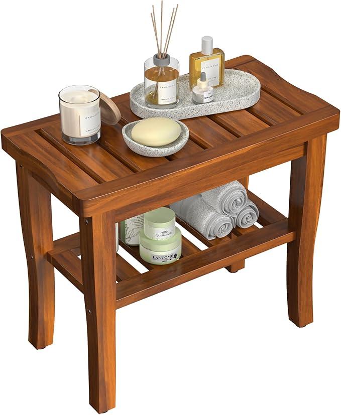 Teak Wood Shower Bench Stool with Storage Shelf, Wooden Waterproof Bathroom Spa Bathing Teak Shower Stool with Non-Slip Feet Gadget 2024 for Indoor or Outdoor Shower Chair Seat Organizer - ModernBath