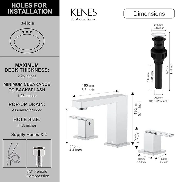 KENES Polished Chrome Widespread Bathroom Faucet 2 Handle Bathroom Sink Faucet 3 Hole, 8-Inch 3 Pieces Vanity Faucet with Pop Up Drain & Supply Lines, KE-9050-5-P - ModernBath