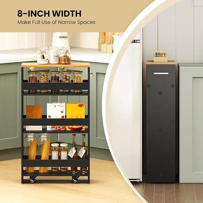 Small Kitchen Cart, 4-Tier Slim Rolling Island w/Handle, Laundry Room Storage Organizers Between Washer and Dryer, Narrow Spice Rack on Wheels Next to Fridge (Black, 8'') - ModernBath