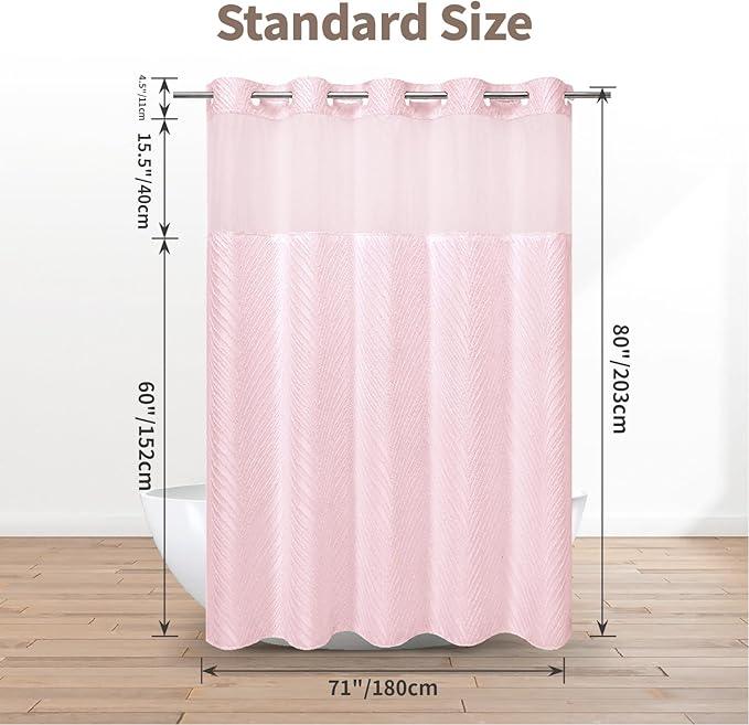 eachope no Hook Shower Curtain and Liner Set，Boho Style with See Through Top Window, Pink Fabric Tufted Striped Textured Outer Curtain & Waterproof Inner Liner, Pink, 71Wx80H - ModernBath