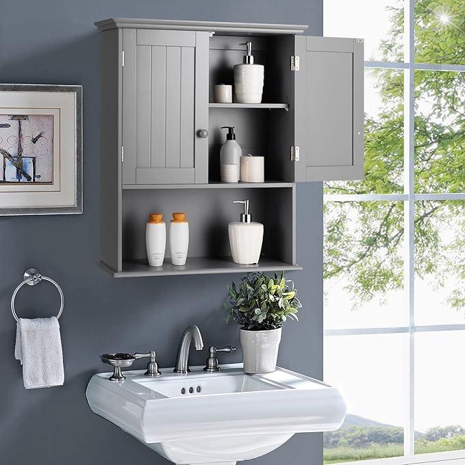 Tangkula Wall Mount Bathroom Cabinet Wooden Medicine Cabinet Storage Organizer with 2-Doors and 1-Shelf Cottage Collection Wall Cabinet (Grey) - ModernBath