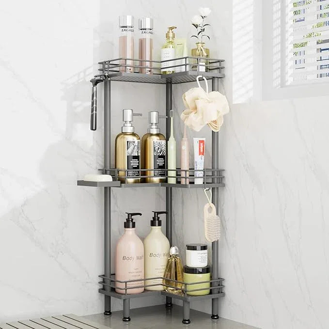 Consumest Corner Shower Caddy Standing - 3-Tier Stainless Steel Shower Organizer with Soap Holder and 4 Hooks, Large Capacity Corner Shelf Stand for Bathroom, Rest Room, Grey - ModernBath