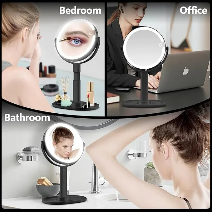 MIYADIVA Makeup Mirror with Lights, 30X Magnifying Mirror with Light and Touch Switch, Vanity Mirror with 3 Color Light and 80 LEDs, Height Adjustable Desk Mirror with Lights, Black - ModernBath