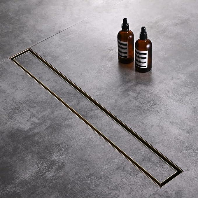 Linear Shower Floor Drain, Brushed Gold 30 Inch 304 Stainless Steel Bathroom Drains Kit, Rectangular Shower Trench Drain with Reversable Tile-in Pattern Drain Cover & Hair Catcher - ModernBath