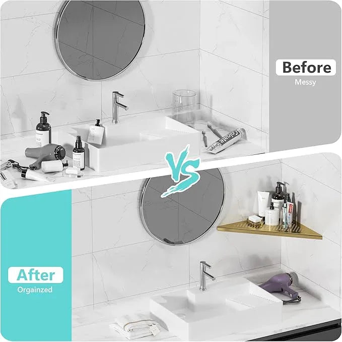 Bathroom Corner Shelf, Recessed 12" Shower Shelf Caddy, SUS304 Stainless Steel Shelf Wall Mount Triangular, No Drilling, Brushed Golden - ModernBath
