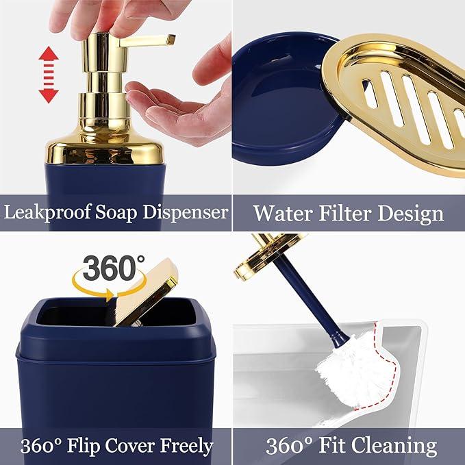 XLHOMO Bathroom Set - Navy Blue and Gold Bathroom Accessories Set, Bathroom Sets with Shower Curtain and Rugs, Blue Shower Curtain Set with Bathroom Trash Can, Soap Dispenser,Soap Dish for Home Decor - ModernBath