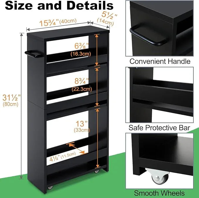 MARTY Slim Rolling Storage Cart 4-Tier Kitchen Cart with Wheels, Laundry Room Storage with Handle Slide Out Utility Cart Shelving Unit Organizer Trolley for Narrow Places Bathroom Small Corner, Black - ModernBath