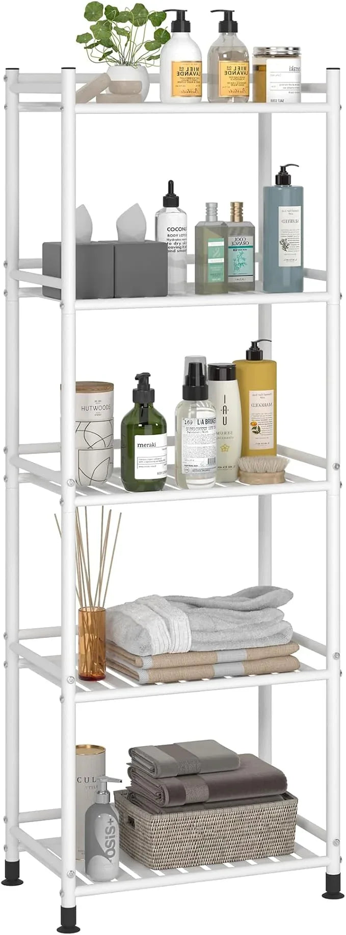 5 Tier Bathroom Storage Open Shelf Unit, Free-Standing Metal Corner Rack Shelving for Kitchen, Living Room, Hallway (White, Wider 5 Tier) - ModernBath