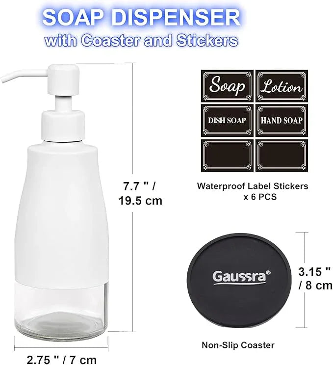 Gaussra White Soap Dispenser with Coaster and Stickers, Stainless Steel and Glass Bottle Hand Pump Dispenser, Refillable Liquid Hand Soap Dispenser for Bathroom & Kitchen (11OZ / 320ML) - ModernBath